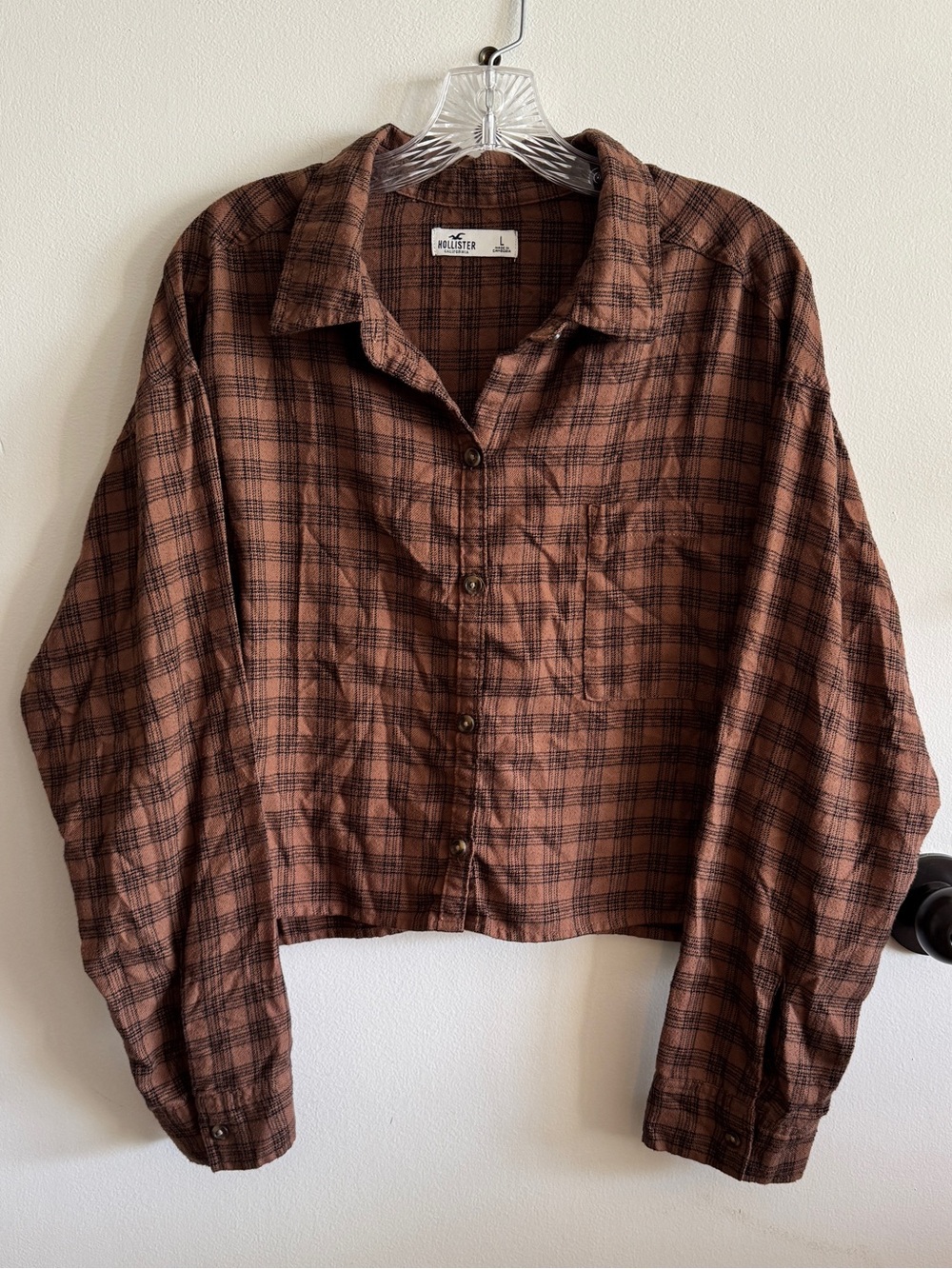 Hollister Brown Plaid Cropped Button-Down Shirt L Cabincore Flannel Fall 90’s
